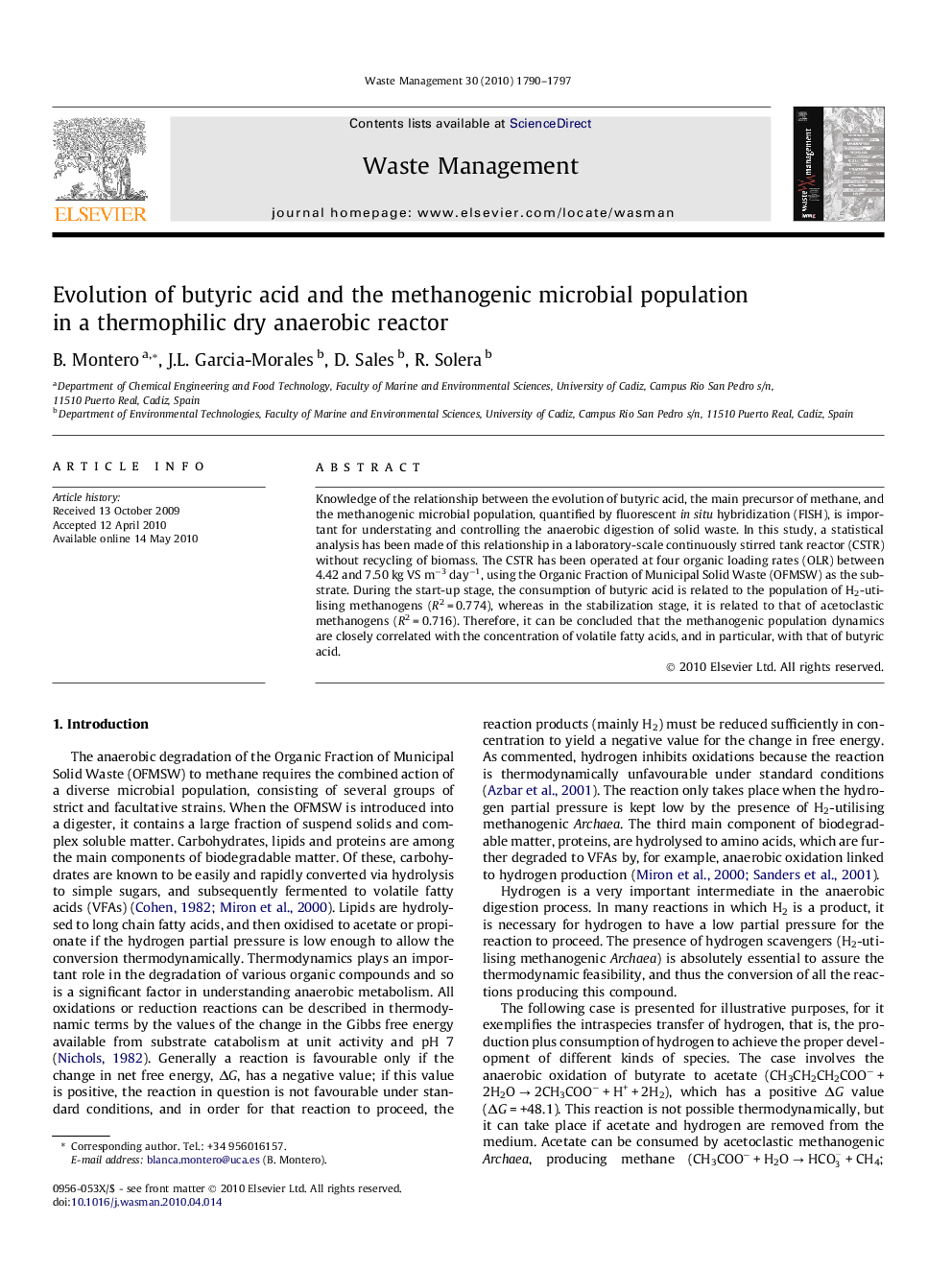 Evolution of butyric acid and the methanogenic microbial population in a thermophilic dry anaerobic reactor