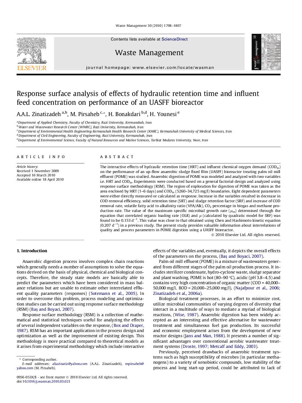 Response surface analysis of effects of hydraulic retention time and influent feed concentration on performance of an UASFF bioreactor