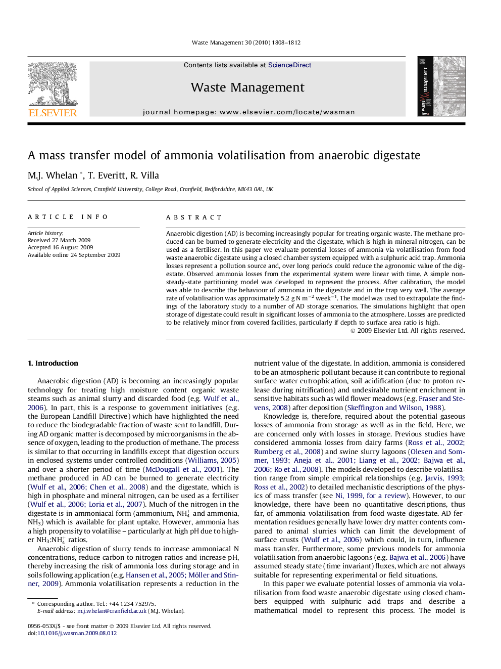 A mass transfer model of ammonia volatilisation from anaerobic digestate