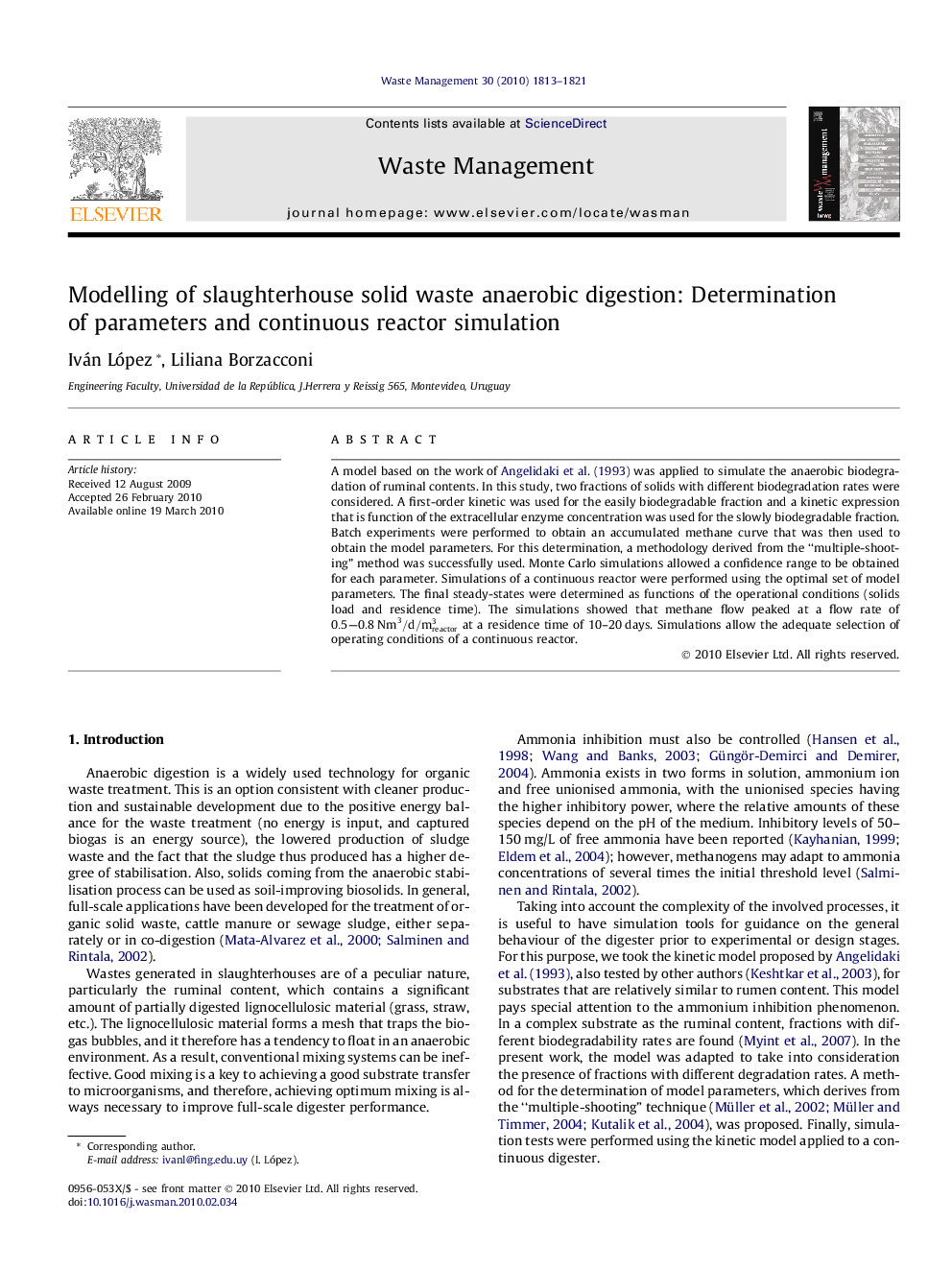 Modelling of slaughterhouse solid waste anaerobic digestion: Determination of parameters and continuous reactor simulation