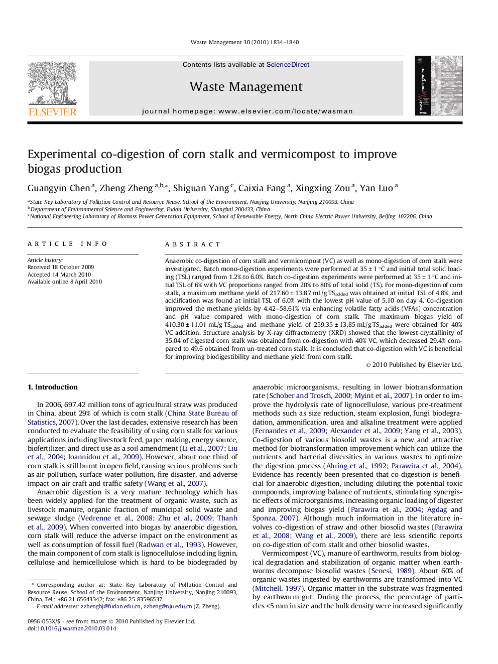 Experimental co-digestion of corn stalk and vermicompost to improve biogas production