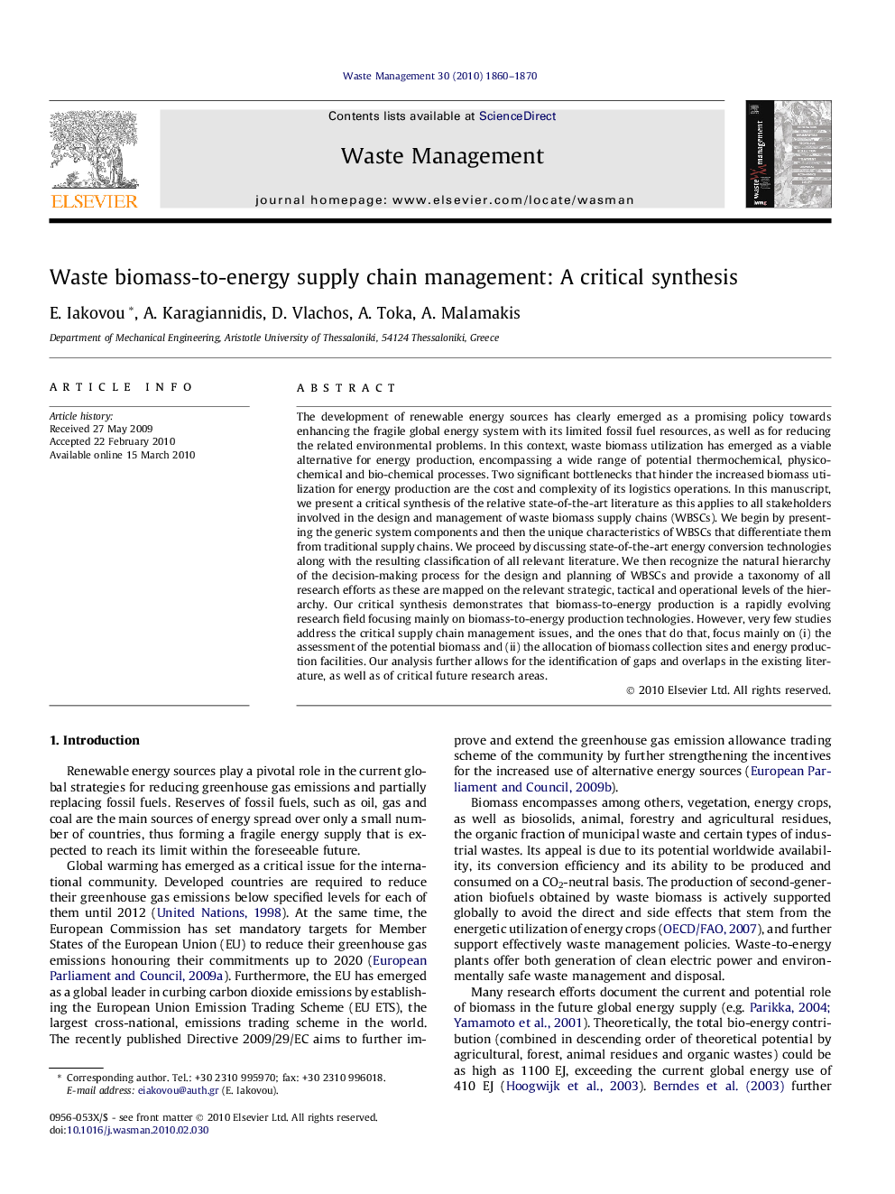 Waste biomass-to-energy supply chain management: A critical synthesis