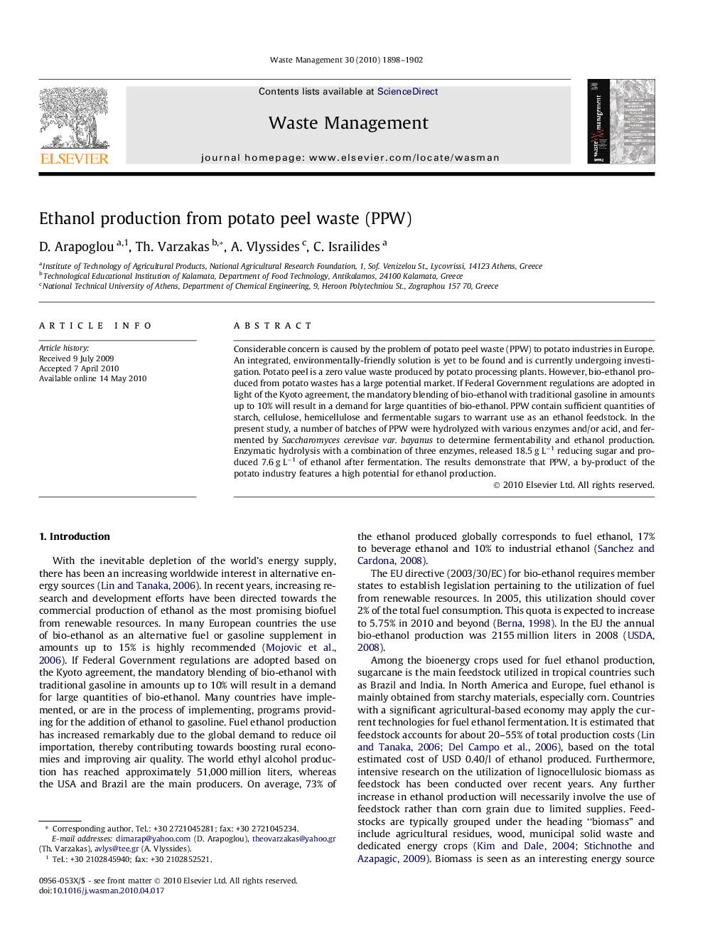 Ethanol production from potato peel waste (PPW)