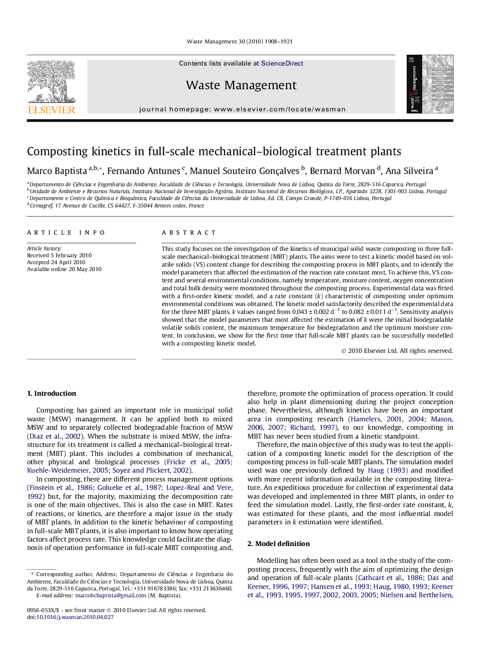 Composting kinetics in full-scale mechanical–biological treatment plants