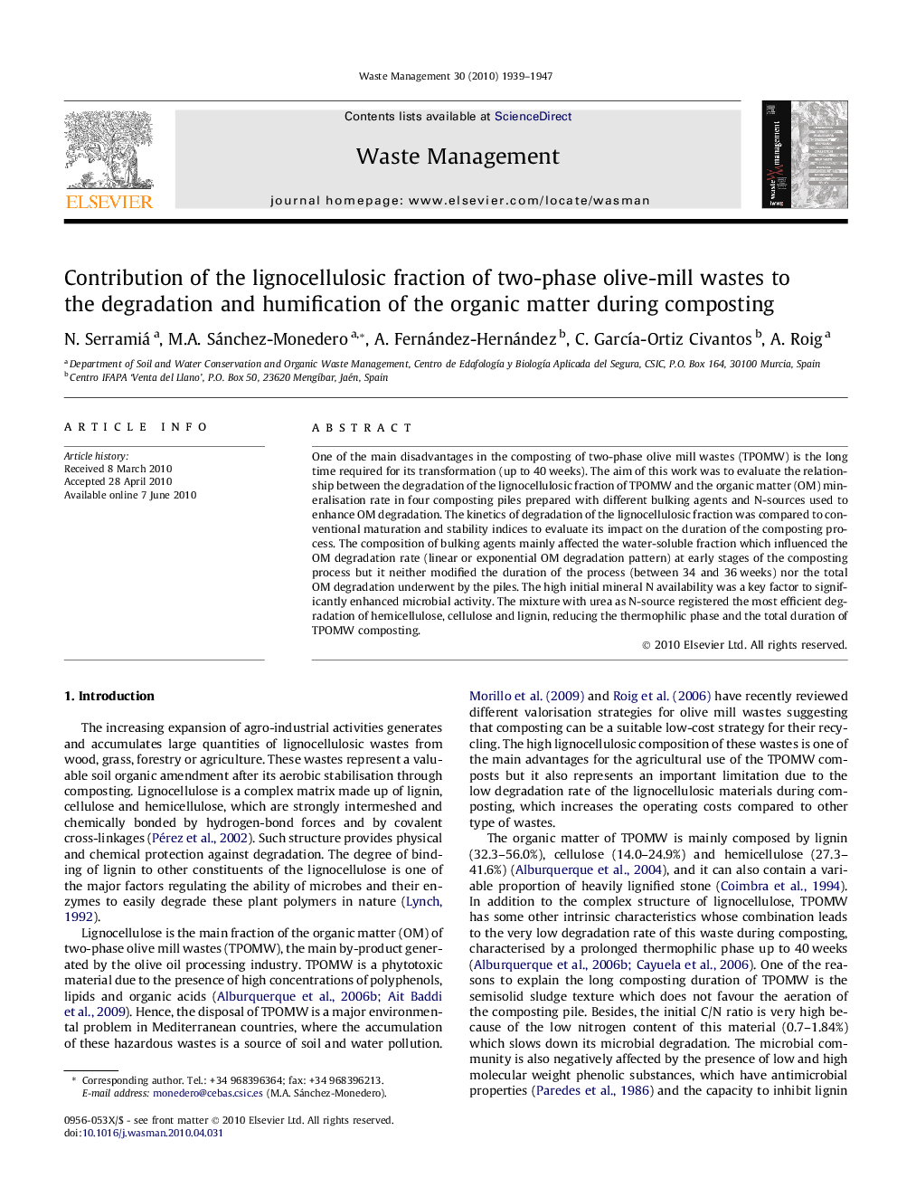 Contribution of the lignocellulosic fraction of two-phase olive-mill wastes to the degradation and humification of the organic matter during composting