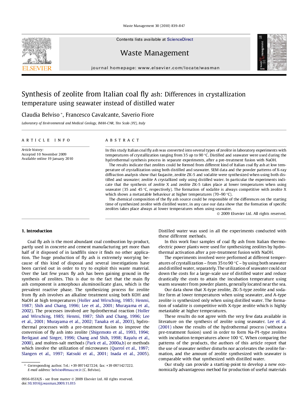 Synthesis of zeolite from Italian coal fly ash: Differences in crystallization temperature using seawater instead of distilled water