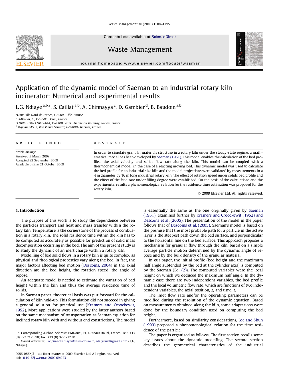 Application of the dynamic model of Saeman to an industrial rotary kiln incinerator: Numerical and experimental results