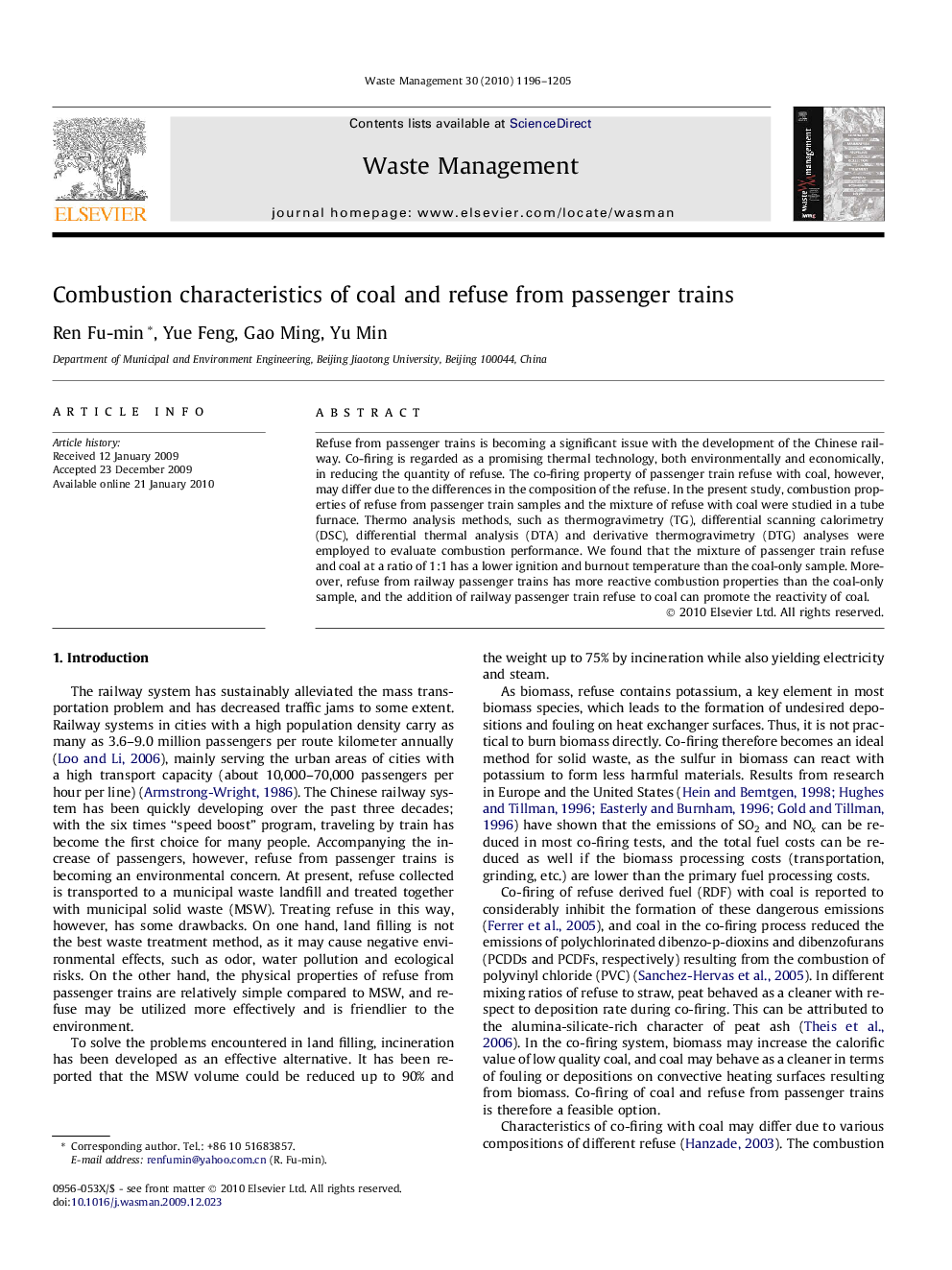 Combustion characteristics of coal and refuse from passenger trains