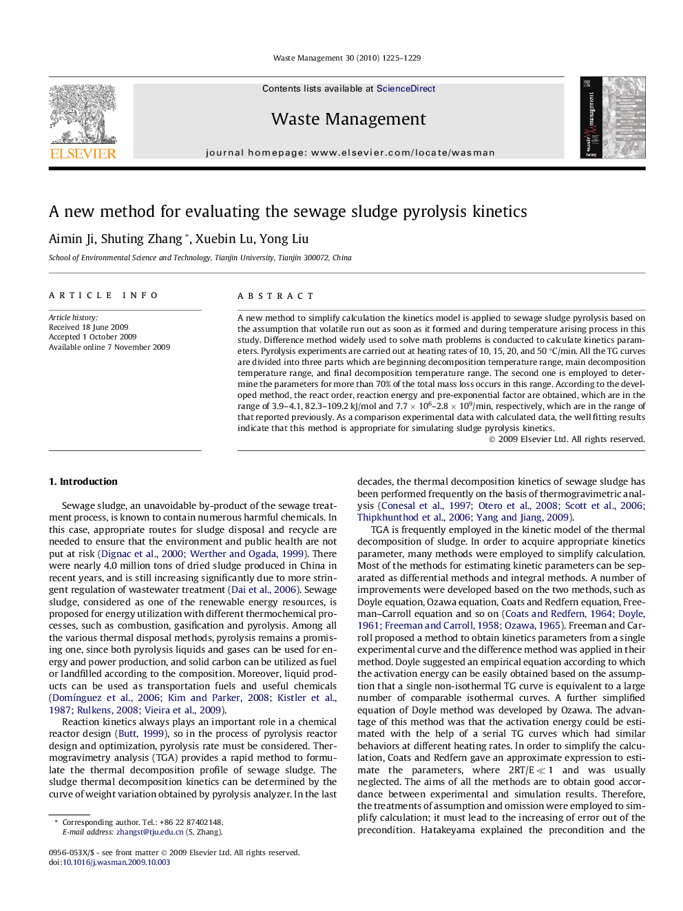عکس صفحه اول مقاله: A new method for evaluating the sewage sludge pyrolysis kinetics A new method for evaluating the sewage sludge pyrolysis kinetics