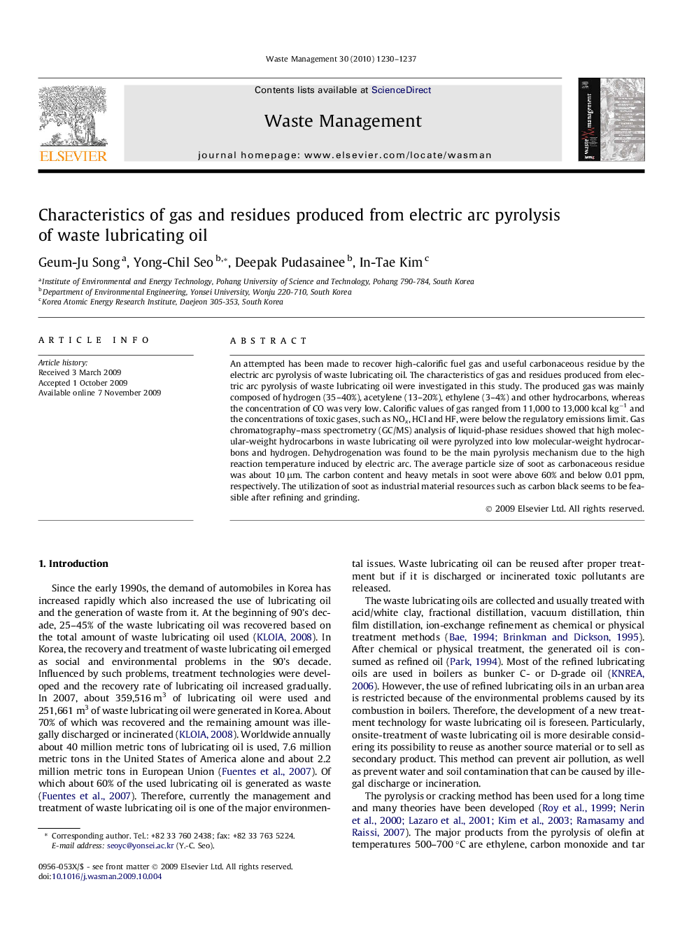 Characteristics of gas and residues produced from electric arc pyrolysis of waste lubricating oil
