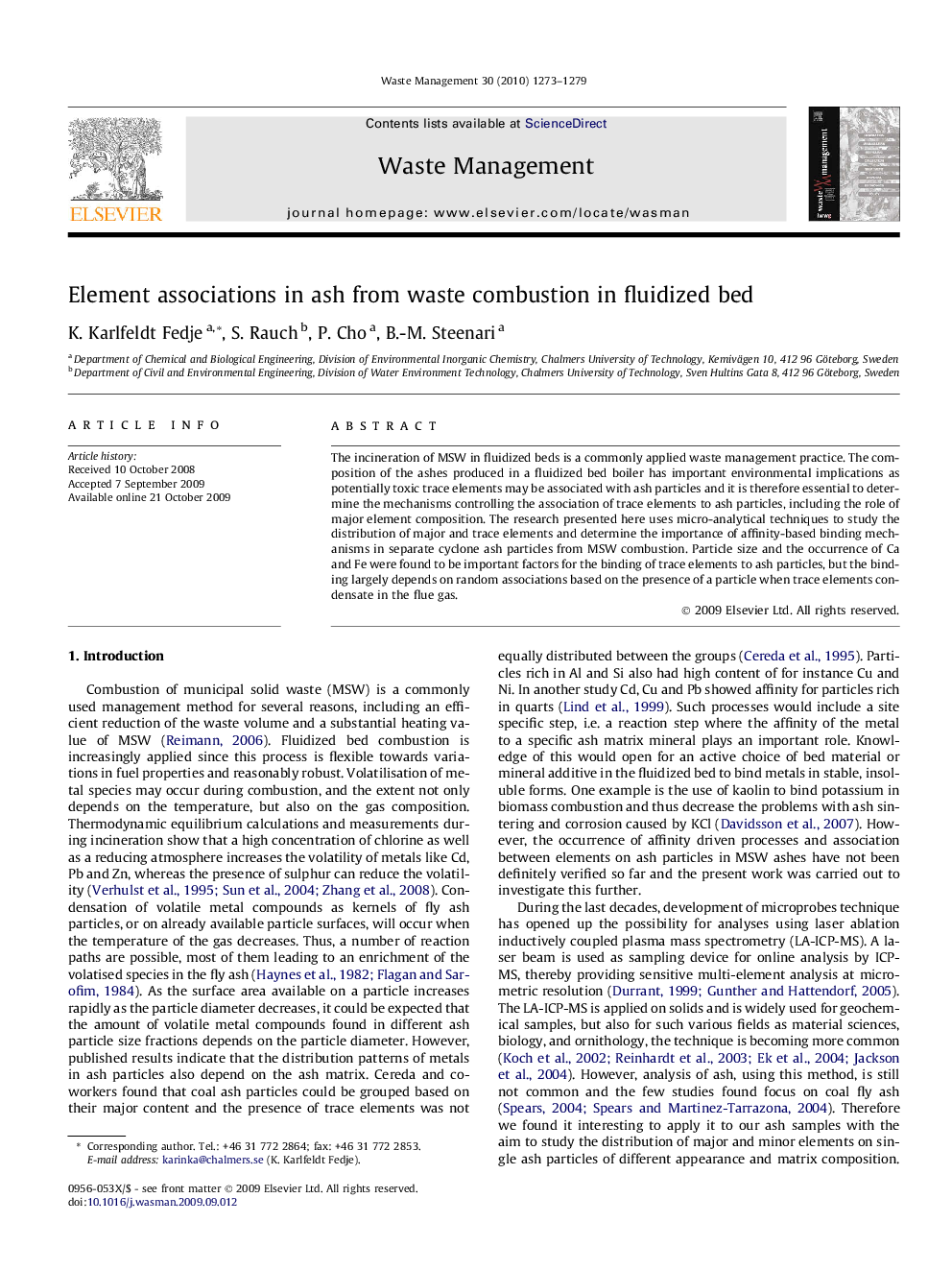 عکس صفحه اول مقاله: Element associations in ash from waste combustion in fluidized bed Element associations in ash from waste combustion in fluidized bed