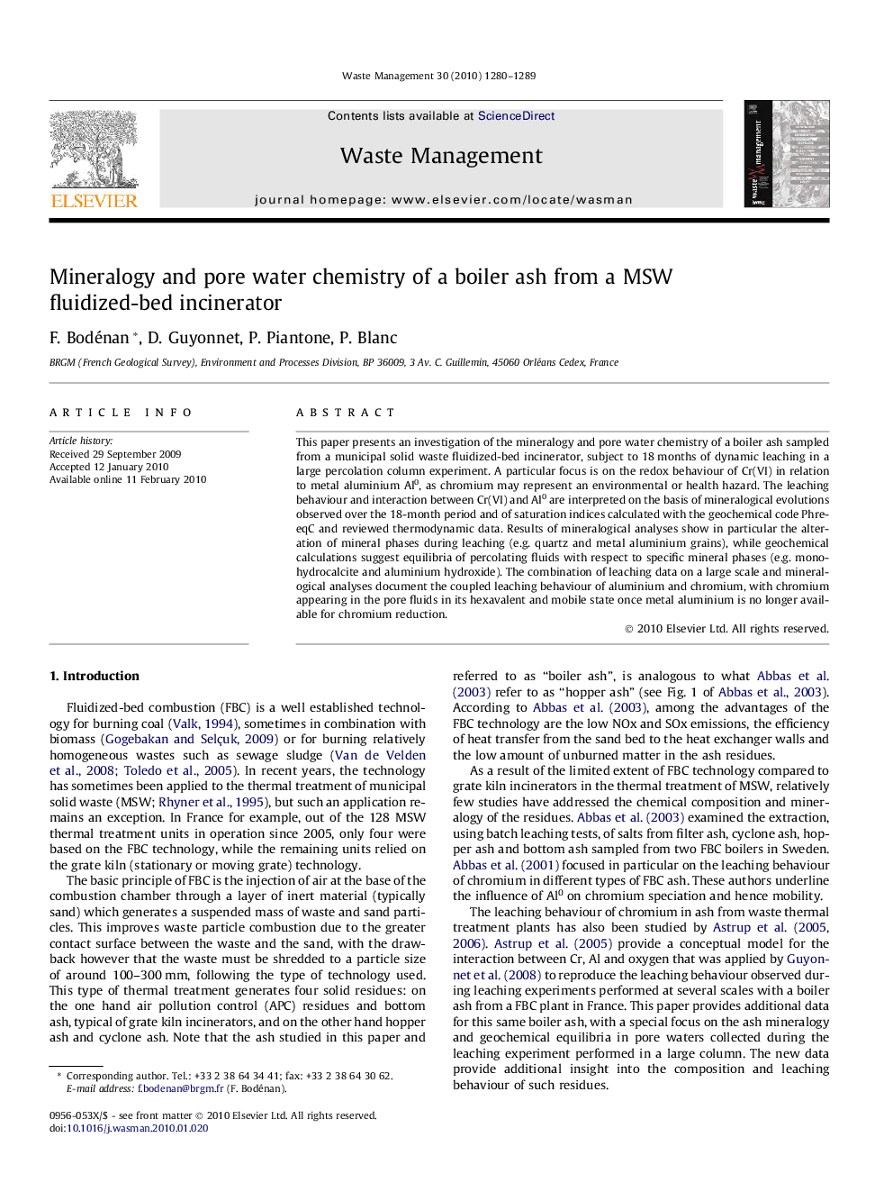 Mineralogy and pore water chemistry of a boiler ash from a MSW fluidized-bed incinerator