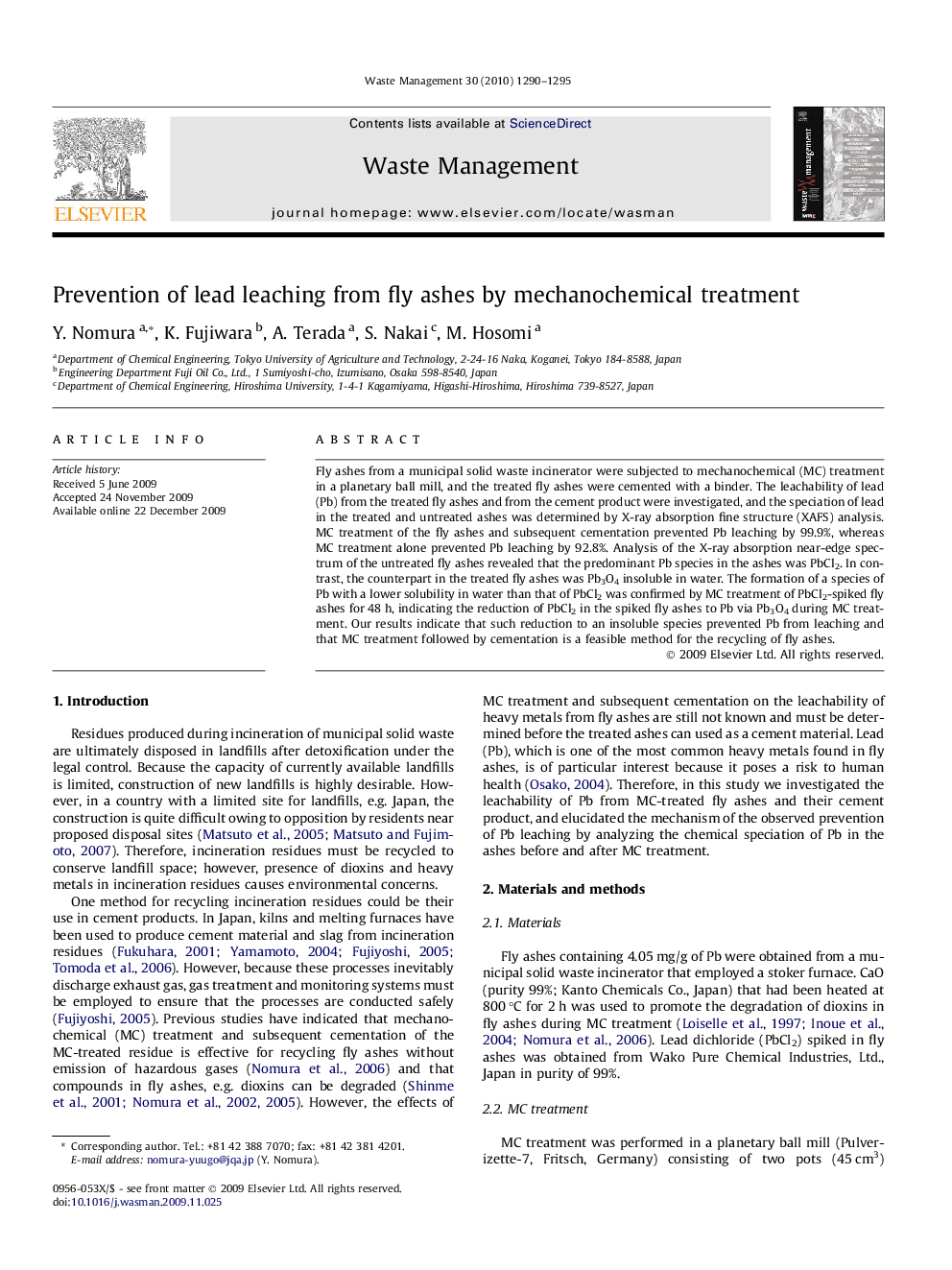 عکس صفحه اول مقاله: Prevention of lead leaching from fly ashes by mechanochemical treatment Prevention of lead leaching from fly ashes by mechanochemical treatment