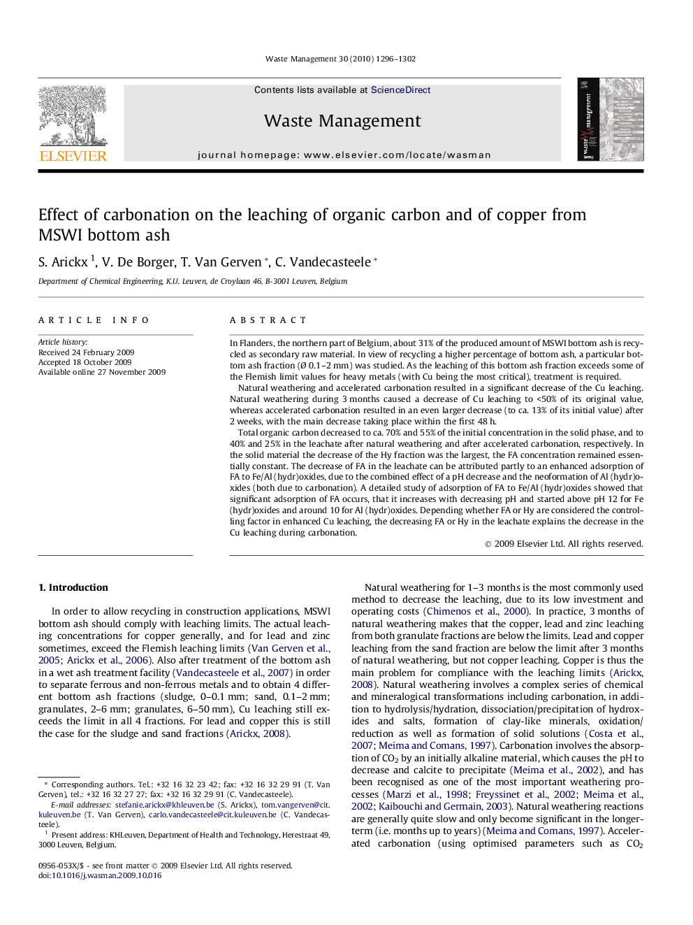 Effect of carbonation on the leaching of organic carbon and of copper from MSWI bottom ash