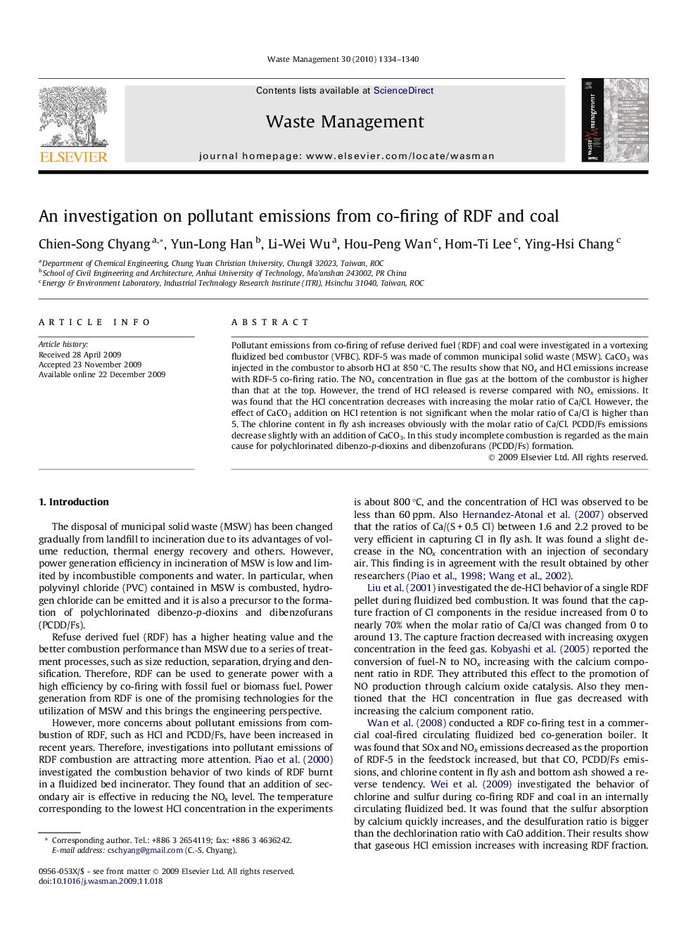 عکس صفحه اول مقاله: An investigation on pollutant emissions from co-firing of RDF and coal An investigation on pollutant emissions from co-firing of RDF and coal