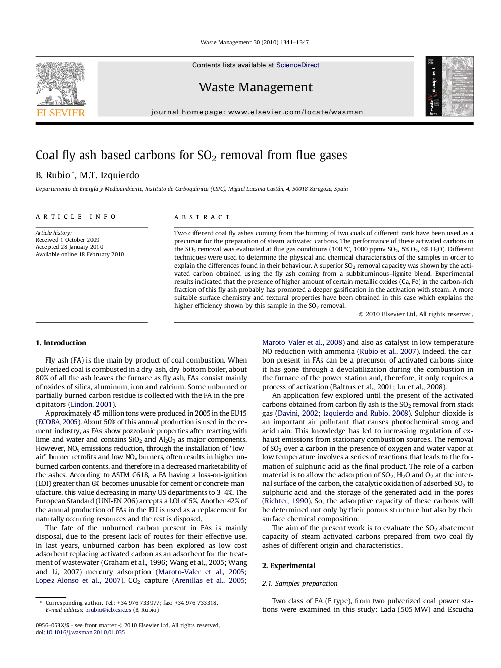 عکس صفحه اول مقاله: Coal fly ash based carbons for SO2 removal from flue gases Coal fly ash based carbons for SO2 removal from flue gases