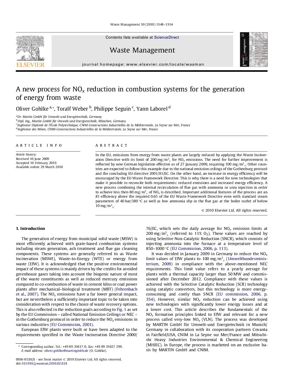 A new process for NOx reduction in combustion systems for the generation of energy from waste
