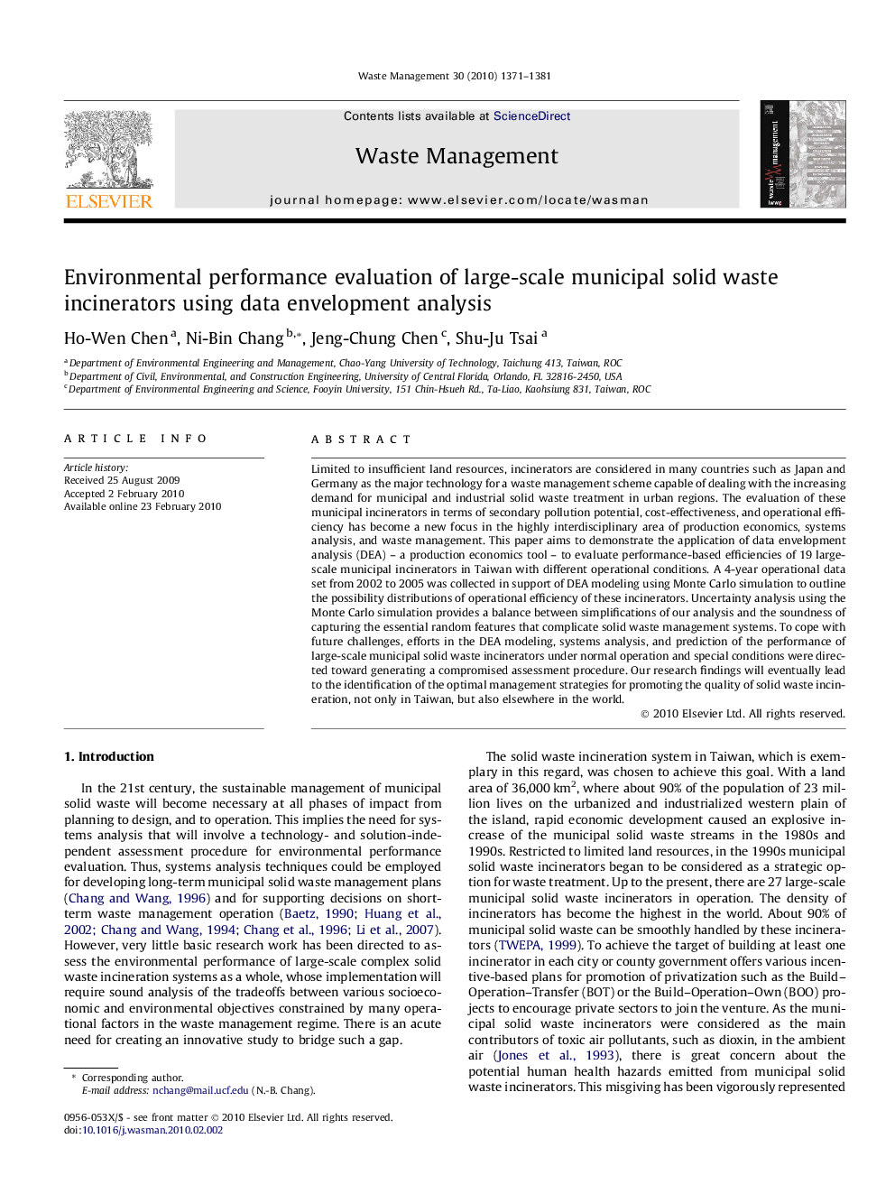 Environmental performance evaluation of large-scale municipal solid waste incinerators using data envelopment analysis