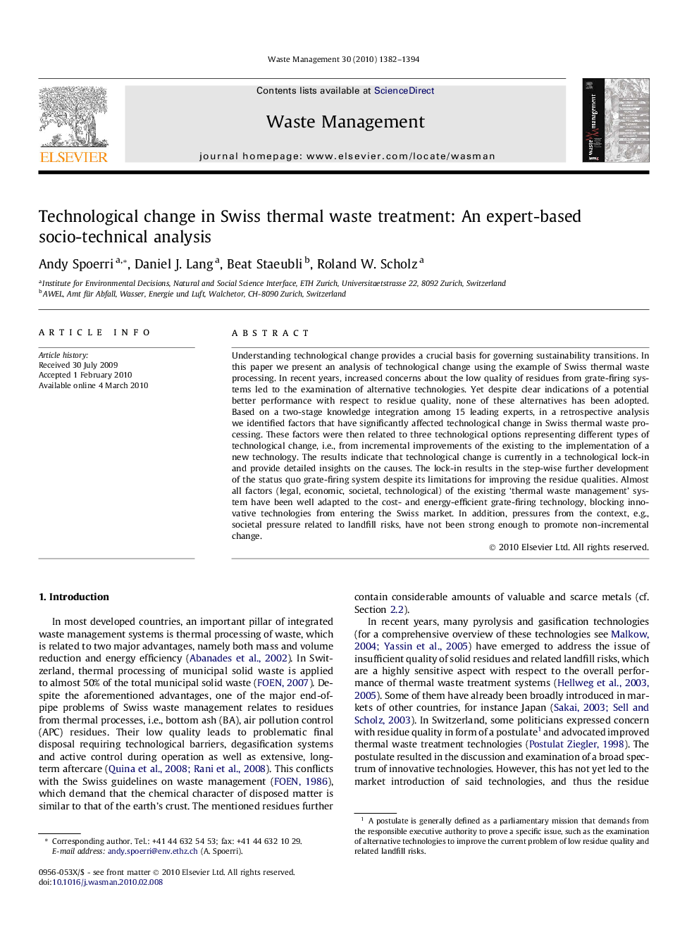 Technological change in Swiss thermal waste treatment: An expert-based socio-technical analysis
