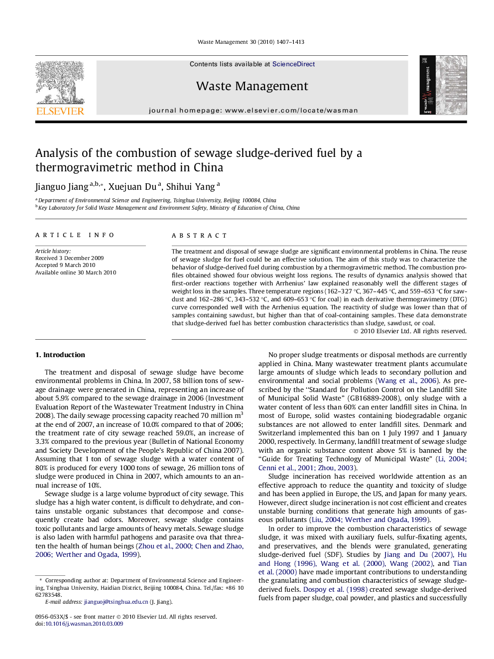 عکس صفحه اول مقاله: Analysis of the combustion of sewage sludge-derived fuel by a thermogravimetric method in China Analysis of the combustion of sewage sludge-derived fuel by a thermogravimetric method in China