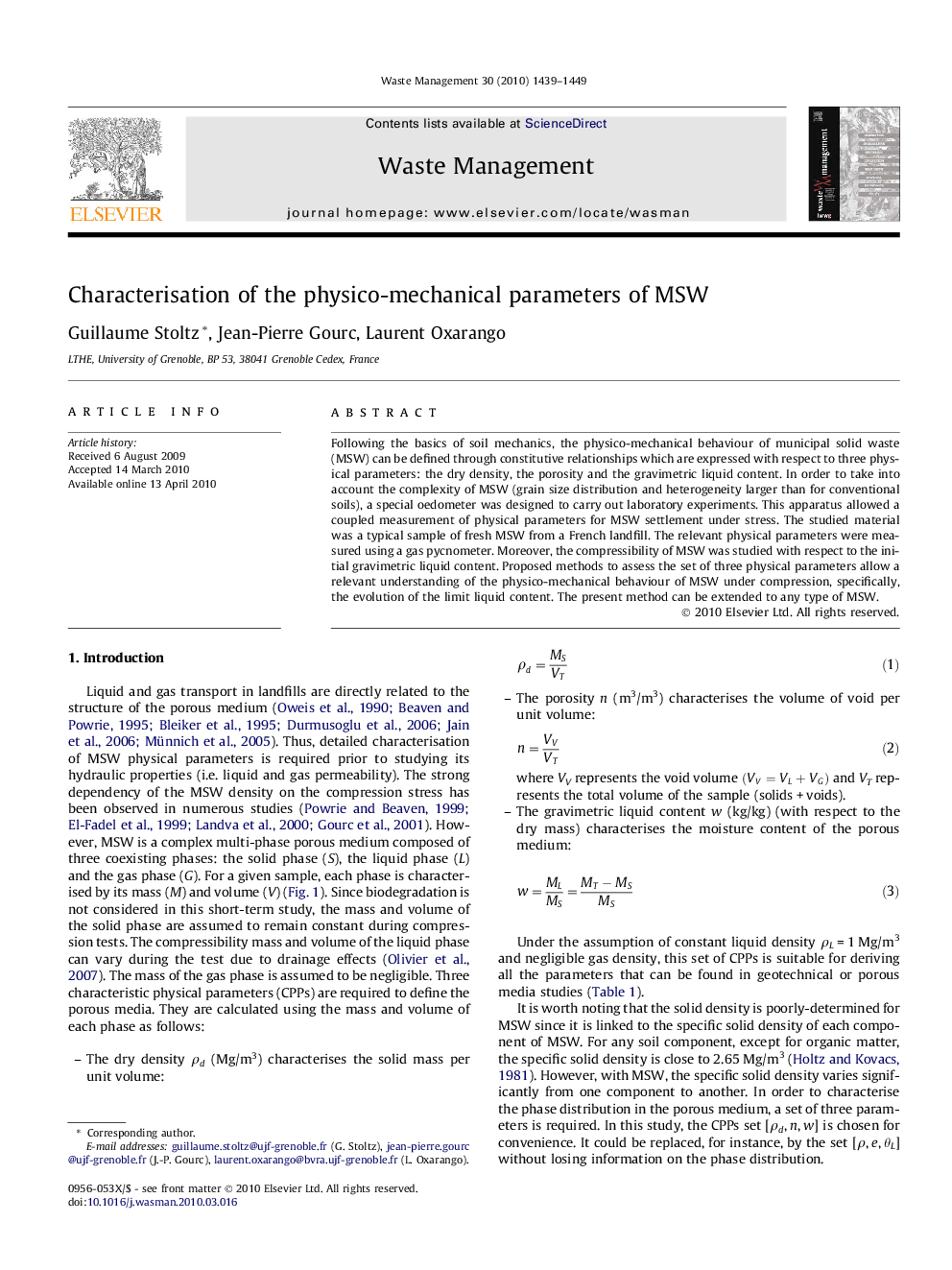 Characterisation of the physico-mechanical parameters of MSW