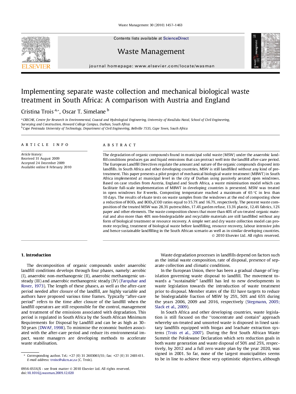 Implementing separate waste collection and mechanical biological waste treatment in South Africa: A comparison with Austria and England