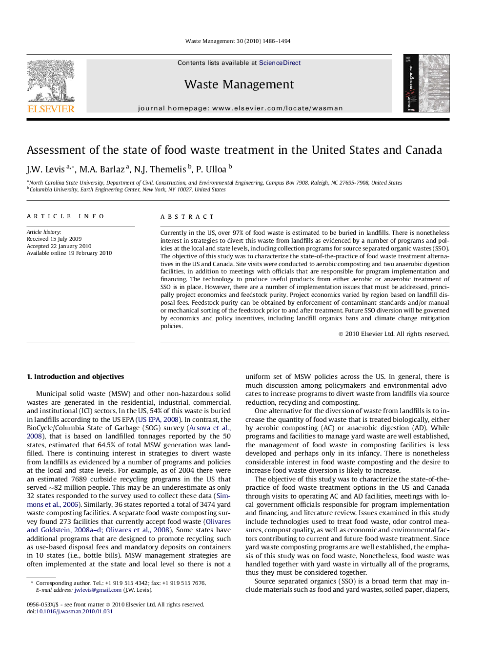 Assessment of the state of food waste treatment in the United States and Canada