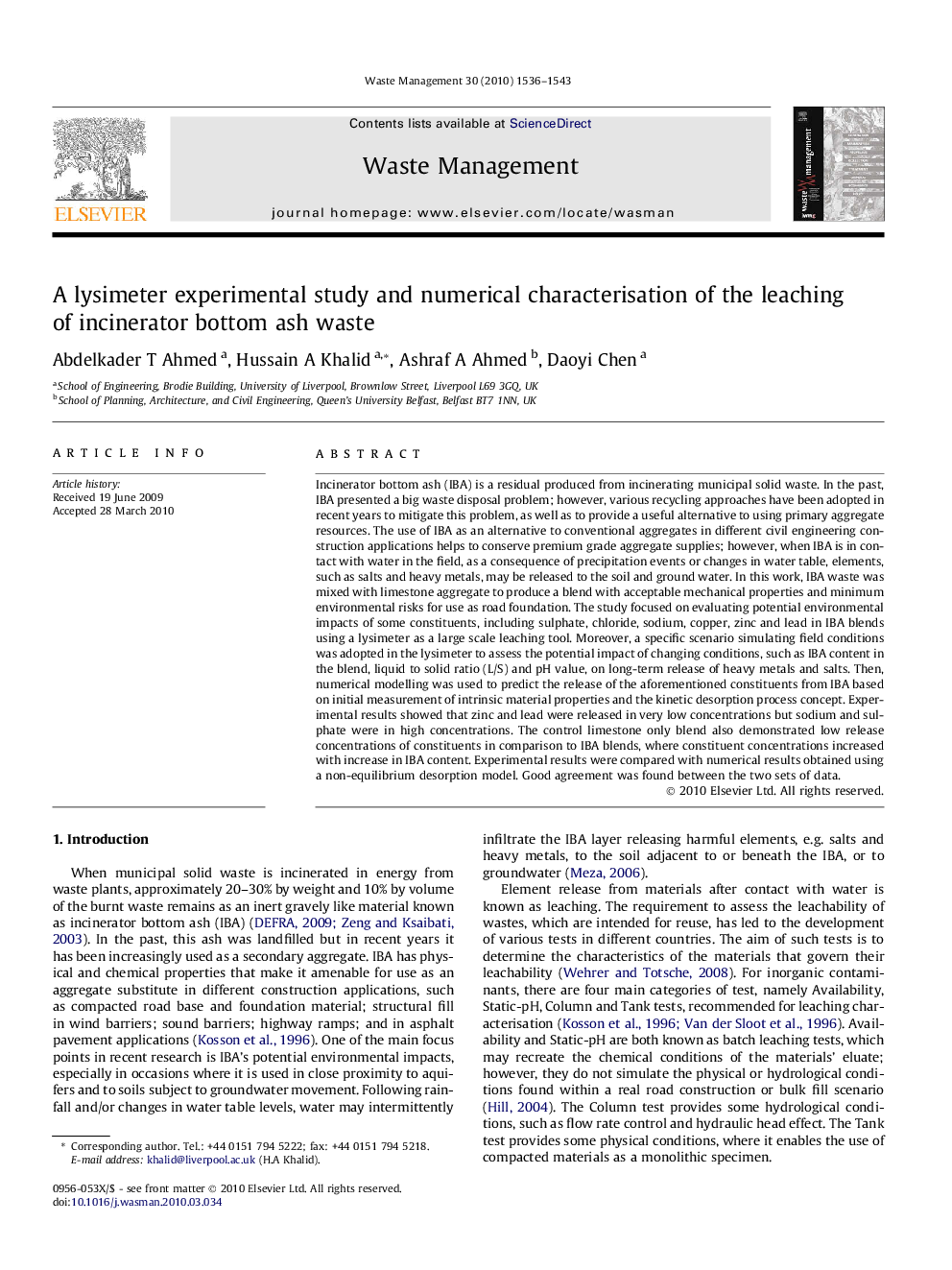 A lysimeter experimental study and numerical characterisation of the leaching of incinerator bottom ash waste