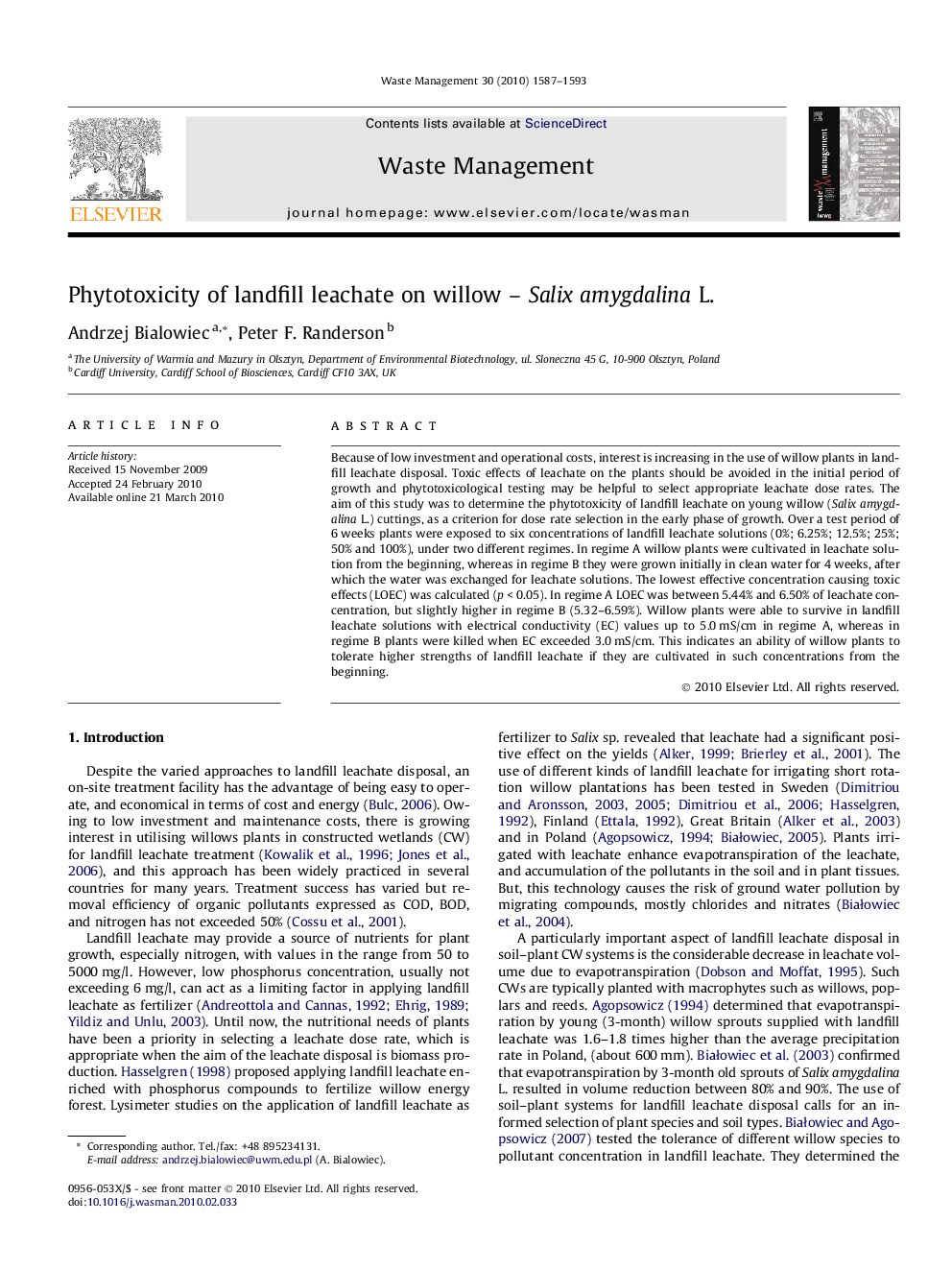 Phytotoxicity of landfill leachate on willow – Salix amygdalina L.