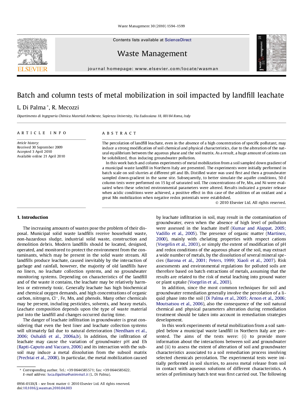 Batch and column tests of metal mobilization in soil impacted by landfill leachate