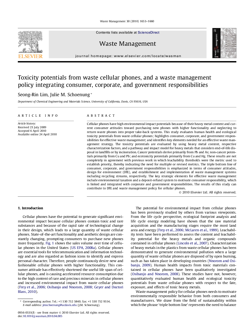 Toxicity potentials from waste cellular phones, and a waste management policy integrating consumer, corporate, and government responsibilities