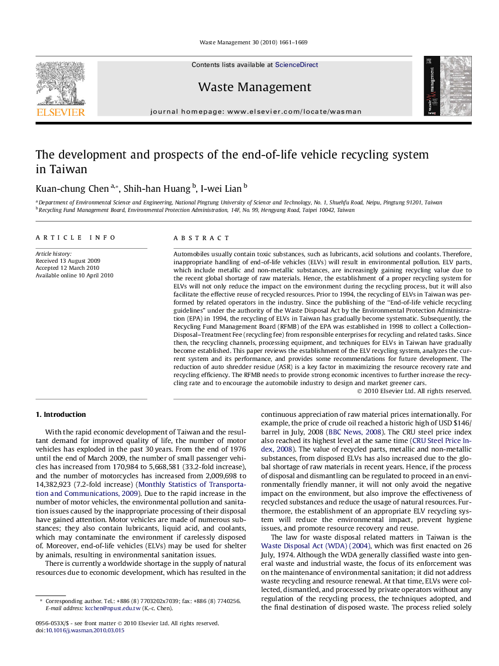 The development and prospects of the end-of-life vehicle recycling system in Taiwan