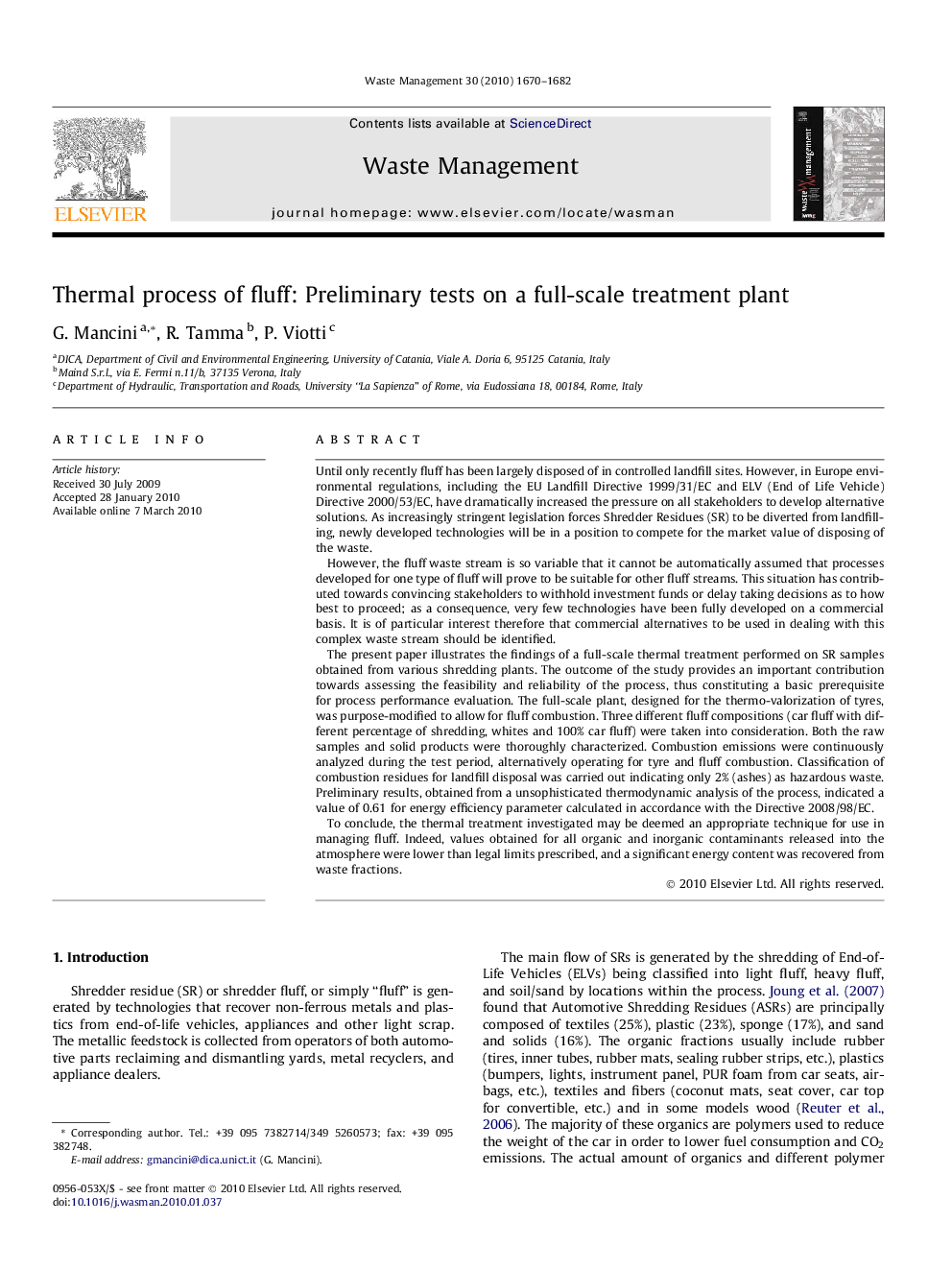 Thermal process of fluff: Preliminary tests on a full-scale treatment plant
