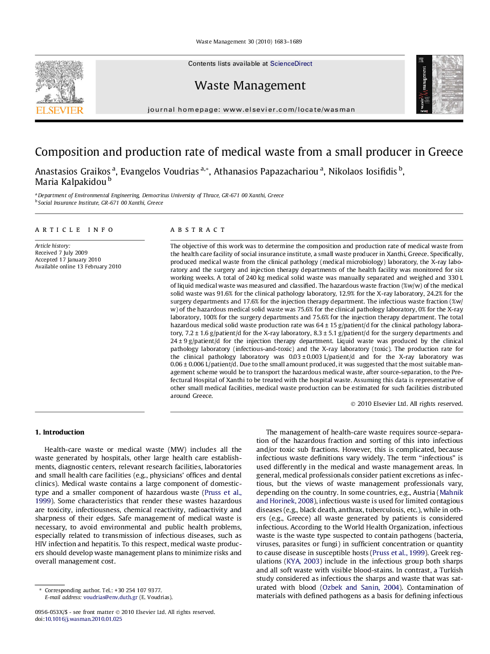 عکس صفحه اول مقاله: Composition and production rate of medical waste from a small producer in Greece Composition and production rate of medical waste from a small producer in Greece