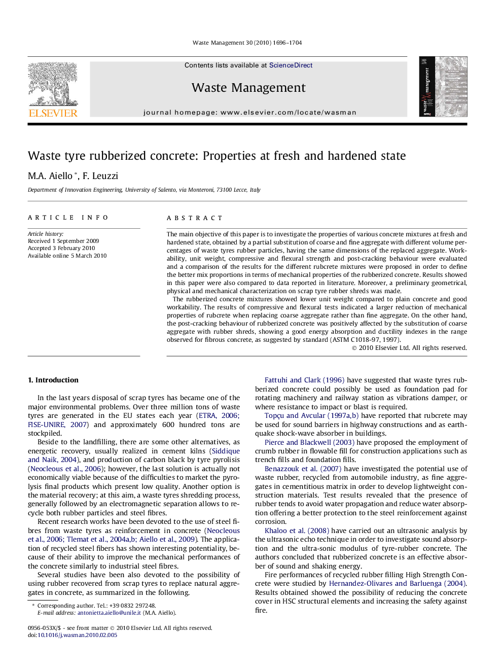 Waste tyre rubberized concrete: Properties at fresh and hardened state