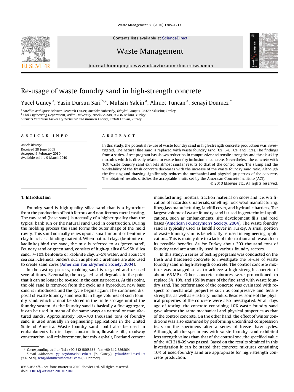 Re-usage of waste foundry sand in high-strength concrete