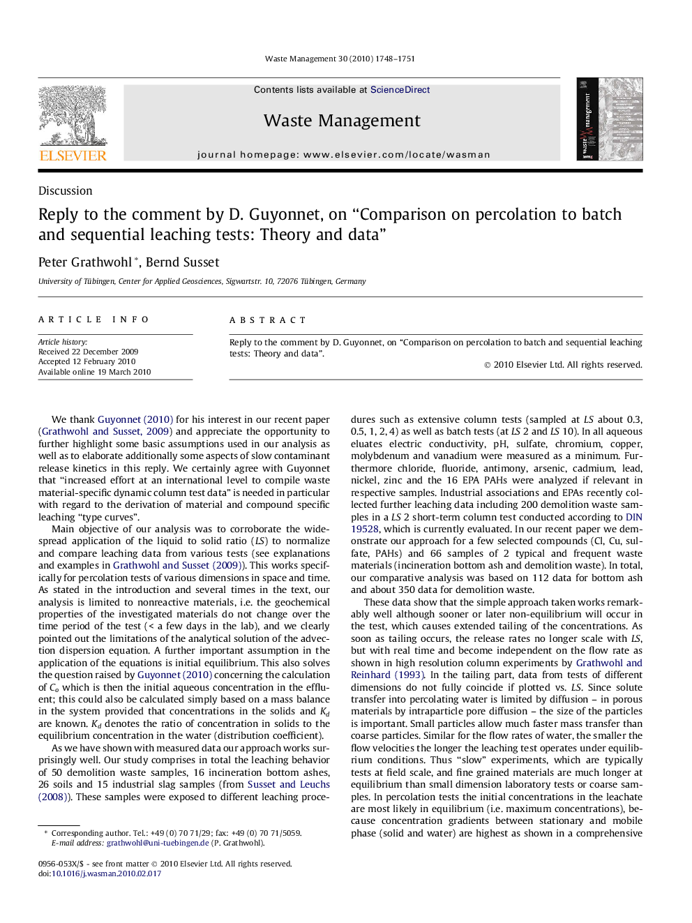 Reply to the comment by D. Guyonnet, on “Comparison on percolation to batch and sequential leaching tests: Theory and data”