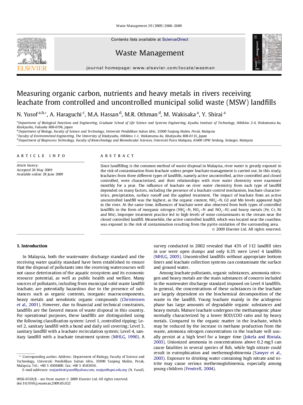 Measuring organic carbon, nutrients and heavy metals in rivers receiving leachate from controlled and uncontrolled municipal solid waste (MSW) landfills