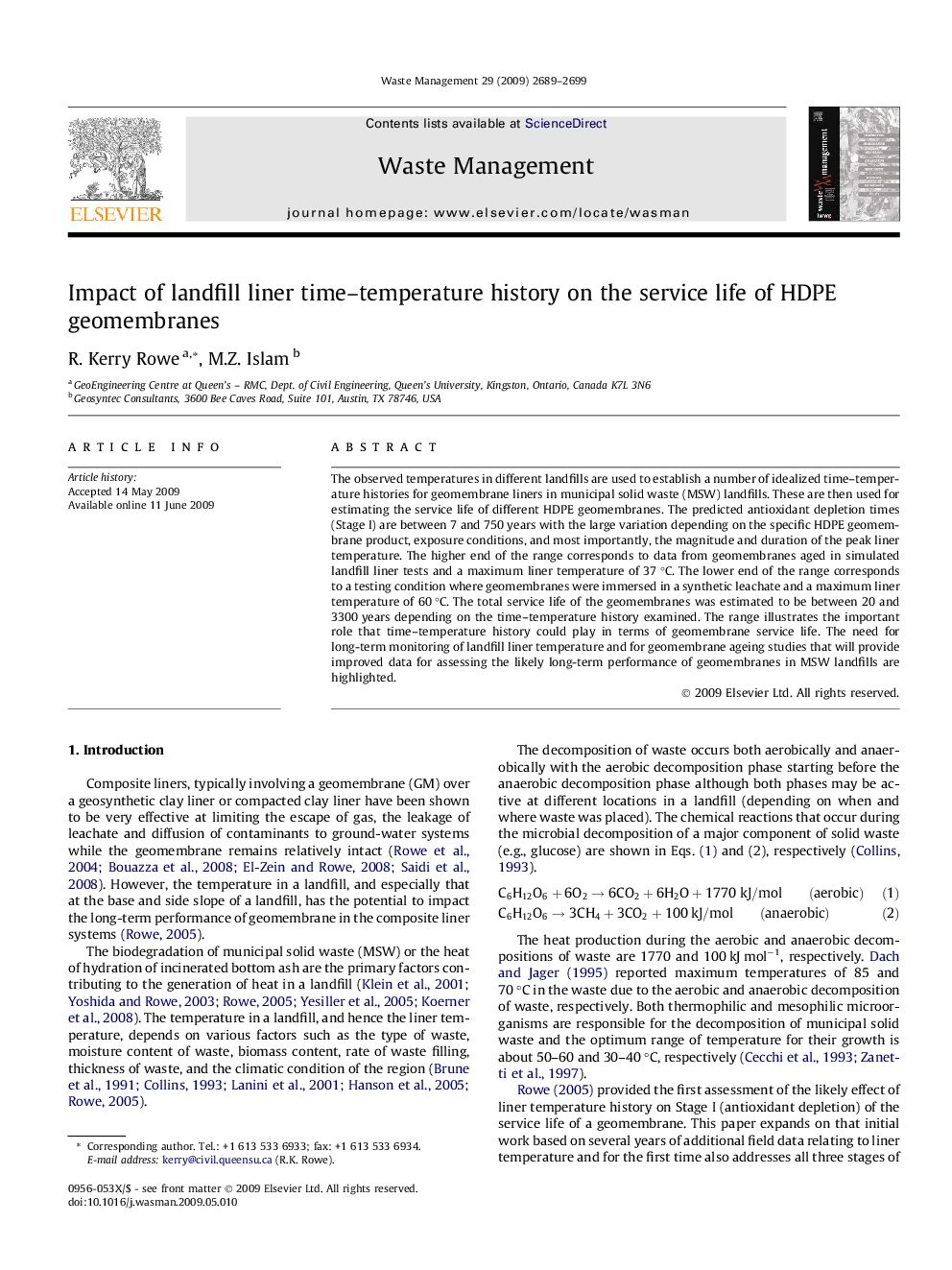 Impact of landfill liner time–temperature history on the service life of HDPE geomembranes