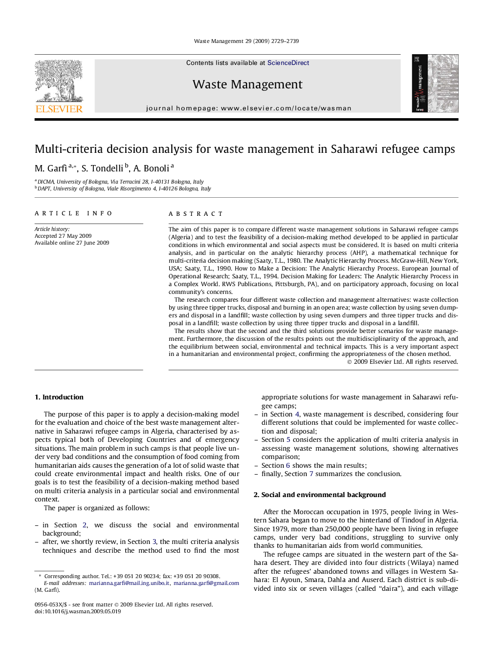 Multi-criteria decision analysis for waste management in Saharawi refugee camps