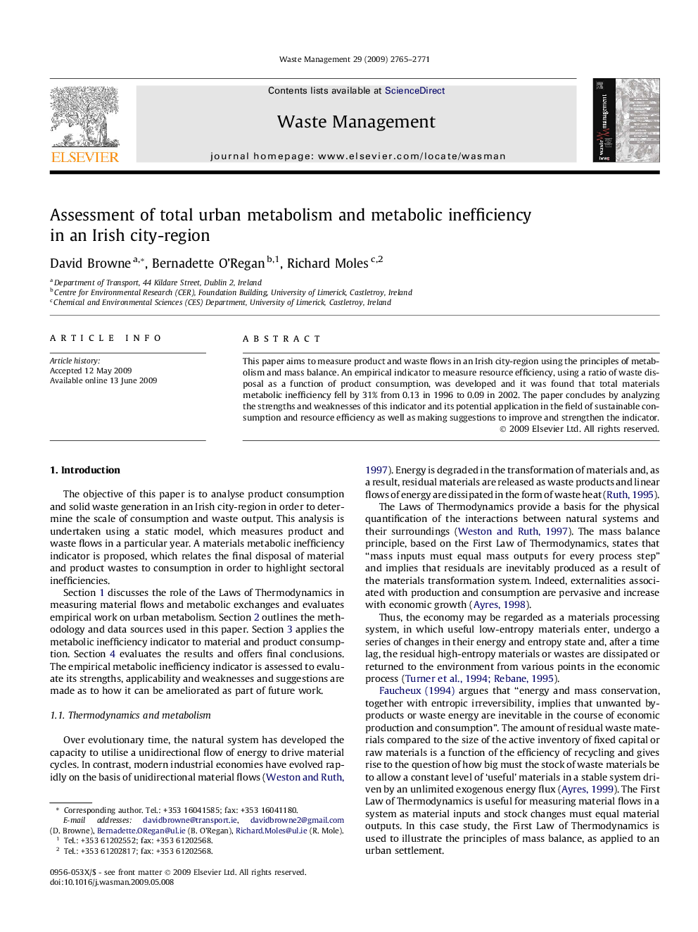 Assessment of total urban metabolism and metabolic inefficiency in an Irish city-region