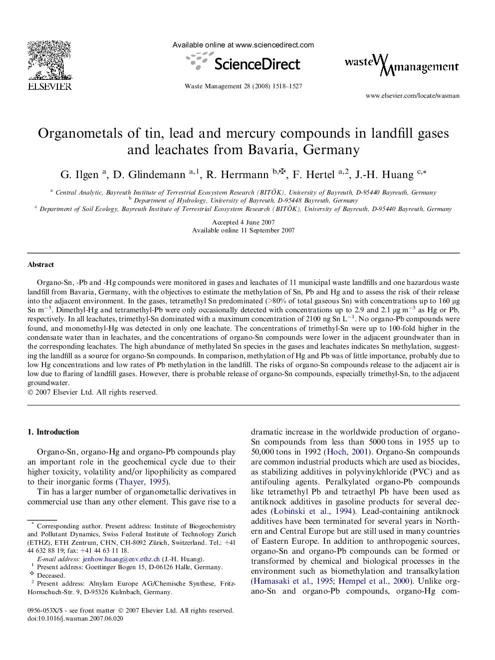 Organometals of tin, lead and mercury compounds in landfill gases and leachates from Bavaria, Germany