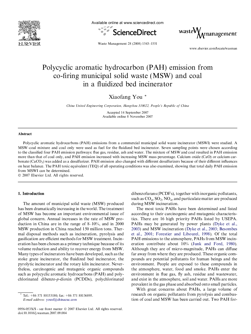 Polycyclic aromatic hydrocarbon (PAH) emission from co-firing municipal solid waste (MSW) and coal in a fluidized bed incinerator