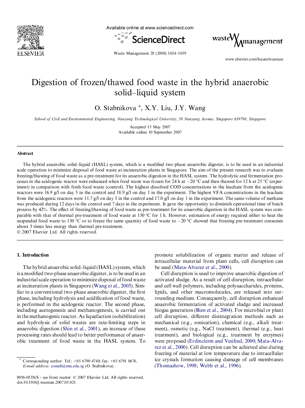 Digestion of frozen/thawed food waste in the hybrid anaerobic solid–liquid system