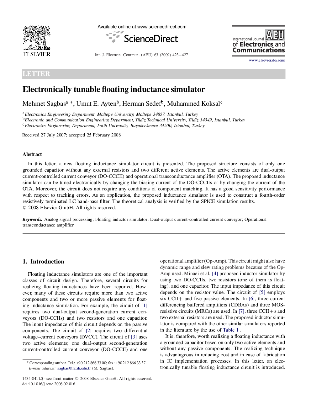 Electronically tunable floating inductance simulator