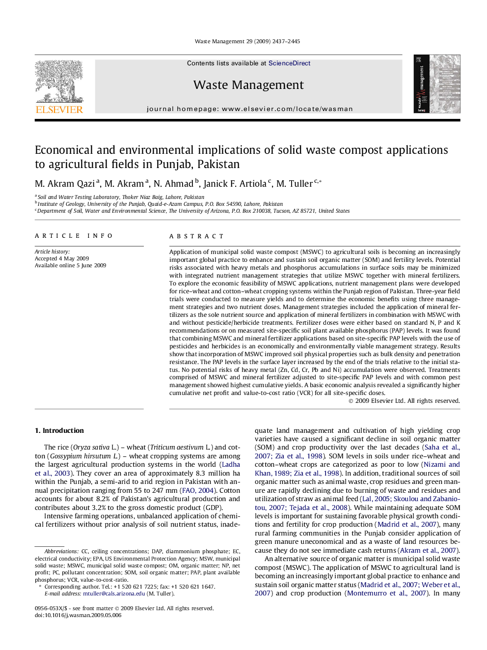 Economical and environmental implications of solid waste compost applications to agricultural fields in Punjab, Pakistan