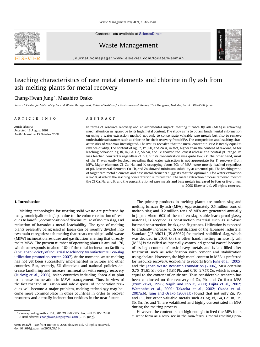 Leaching characteristics of rare metal elements and chlorine in fly ash from ash melting plants for metal recovery