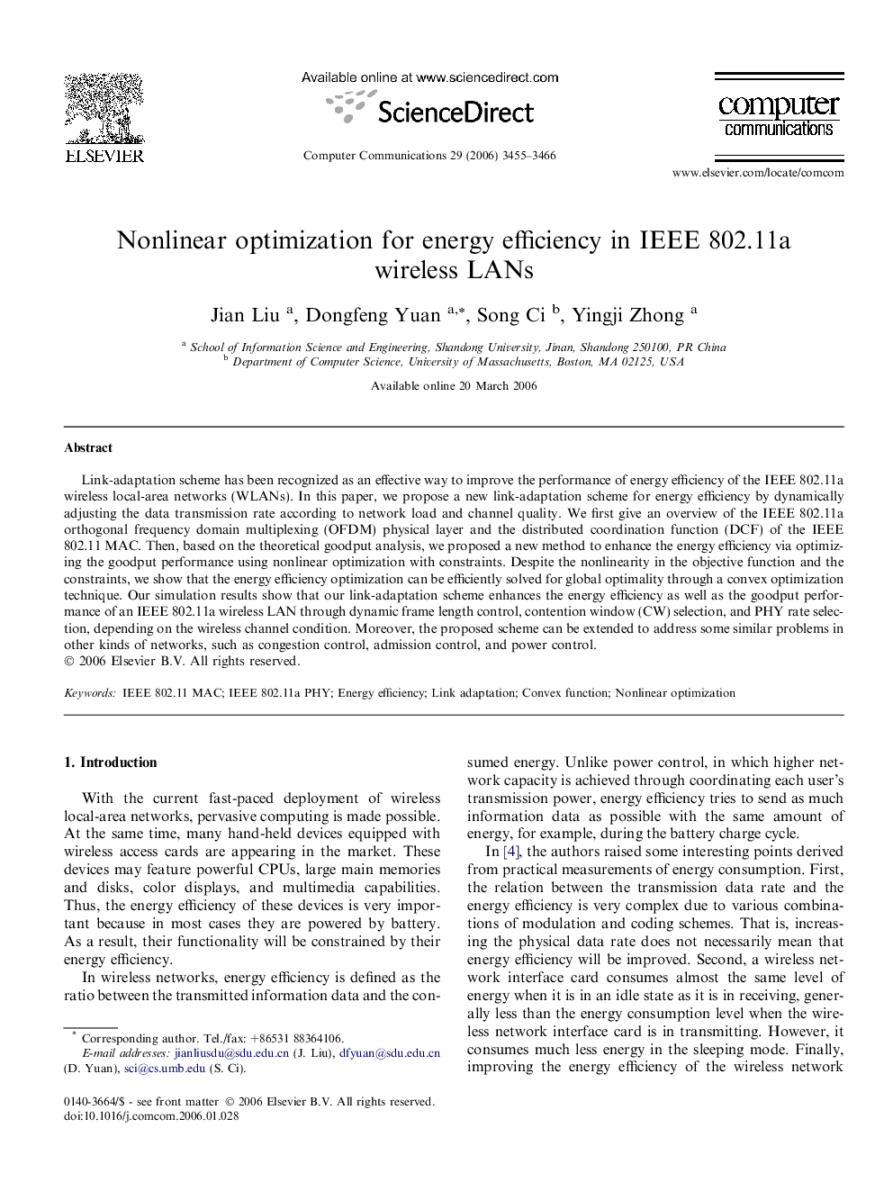 Nonlinear optimization for energy efficiency in IEEE 802.11a wireless LANs