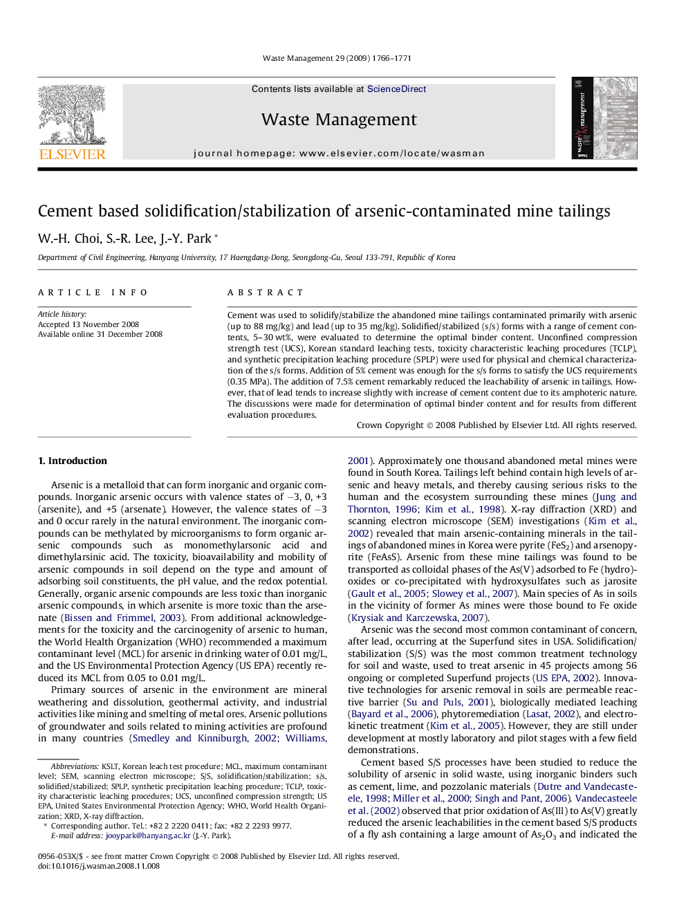 Cement based solidification/stabilization of arsenic-contaminated mine tailings