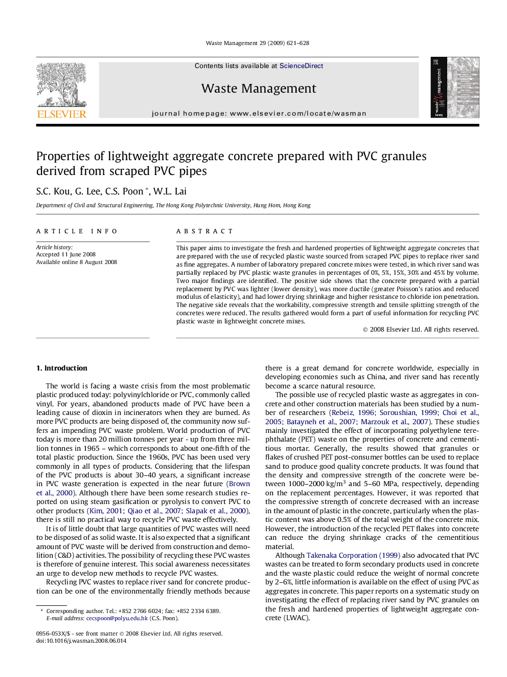 عکس صفحه اول مقاله: Properties of lightweight aggregate concrete prepared with PVC granules derived from scraped PVC pipes Properties of lightweight aggregate concrete prepared with PVC granules derived from scraped PVC pipes